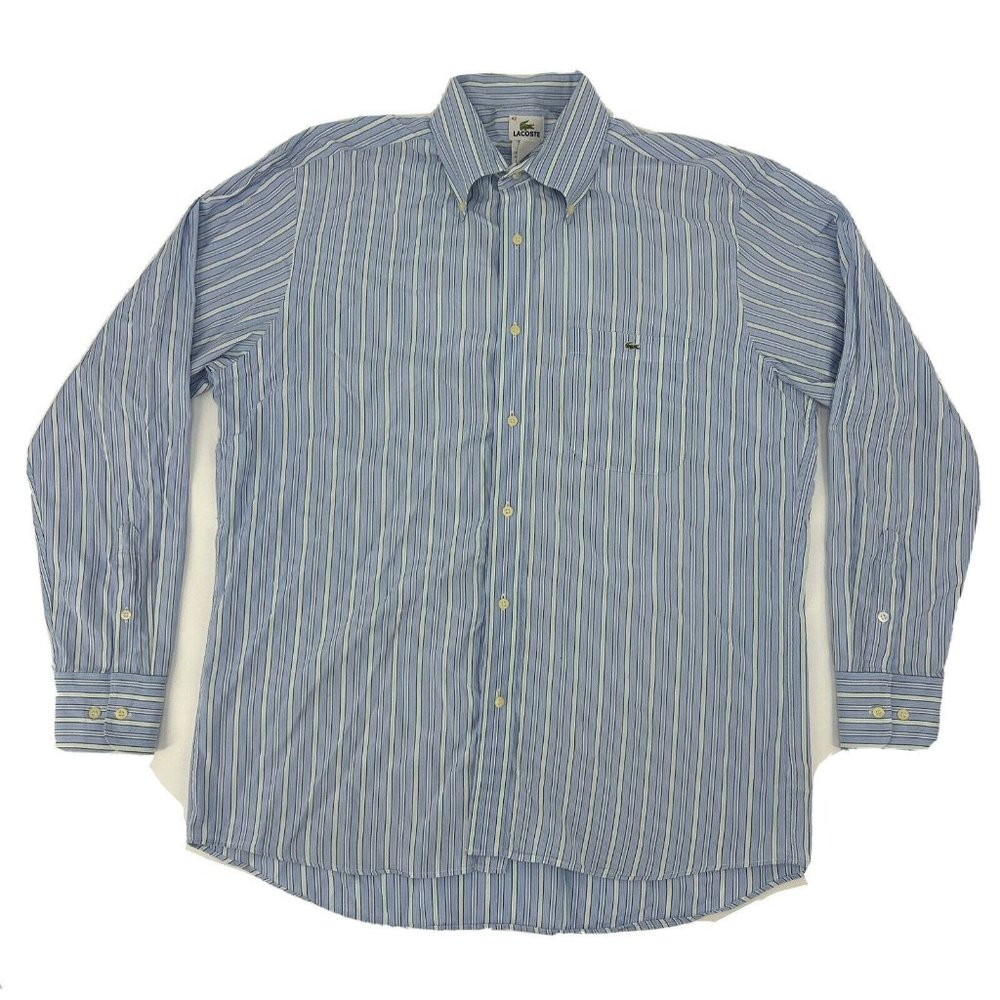 Lacoste Shirt Men's 42 L Light Blue White Stripes Long Sleeve Button Down Preppy